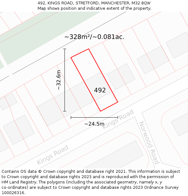 492, KINGS ROAD, STRETFORD, MANCHESTER, M32 8QW: Plot and title map