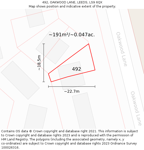 492, OAKWOOD LANE, LEEDS, LS9 6QX: Plot and title map