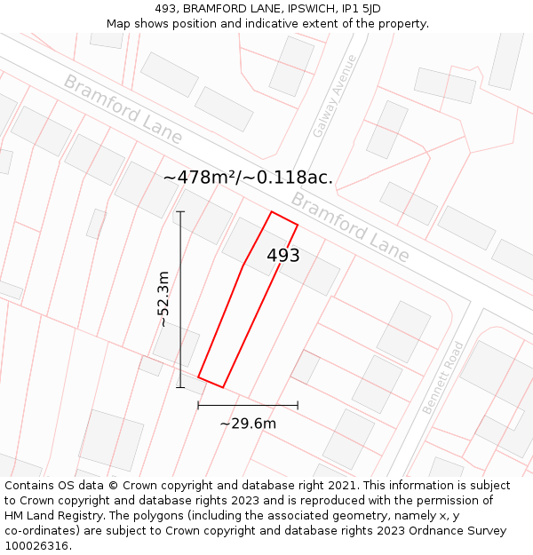 493, BRAMFORD LANE, IPSWICH, IP1 5JD: Plot and title map