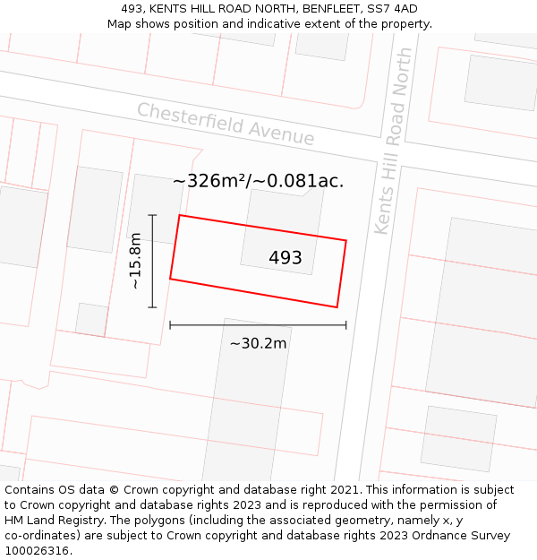 493, KENTS HILL ROAD NORTH, BENFLEET, SS7 4AD: Plot and title map