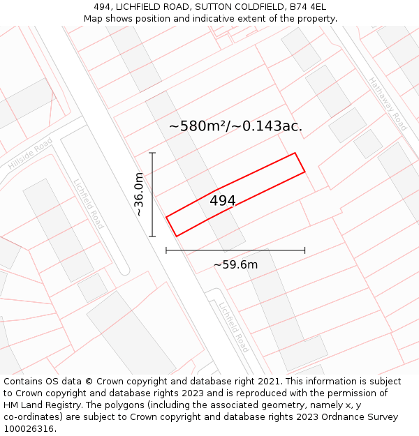 494, LICHFIELD ROAD, SUTTON COLDFIELD, B74 4EL: Plot and title map