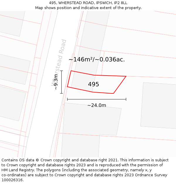 495, WHERSTEAD ROAD, IPSWICH, IP2 8LL: Plot and title map