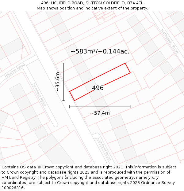 496, LICHFIELD ROAD, SUTTON COLDFIELD, B74 4EL: Plot and title map