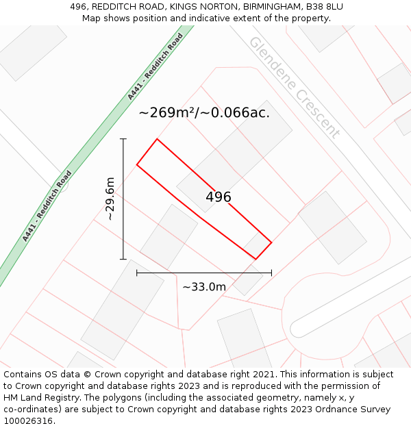 496, REDDITCH ROAD, KINGS NORTON, BIRMINGHAM, B38 8LU: Plot and title map