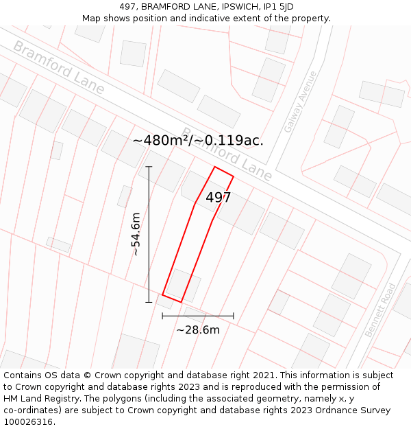 497, BRAMFORD LANE, IPSWICH, IP1 5JD: Plot and title map