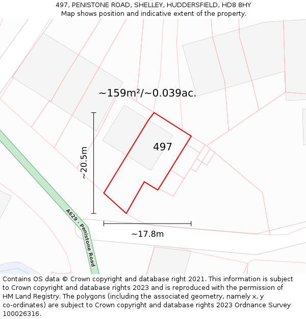 497, PENISTONE ROAD, SHELLEY, HUDDERSFIELD, HD8 8HY: Plot and title map