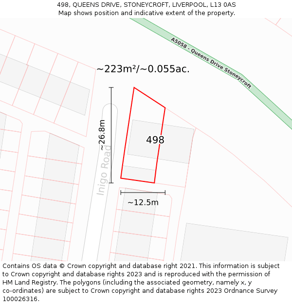 498, QUEENS DRIVE, STONEYCROFT, LIVERPOOL, L13 0AS: Plot and title map