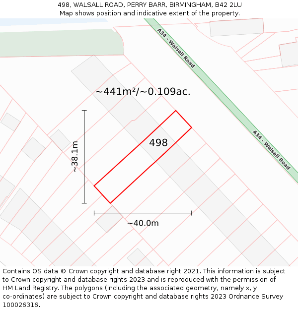 498, WALSALL ROAD, PERRY BARR, BIRMINGHAM, B42 2LU: Plot and title map