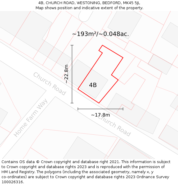 4B, CHURCH ROAD, WESTONING, BEDFORD, MK45 5JL: Plot and title map