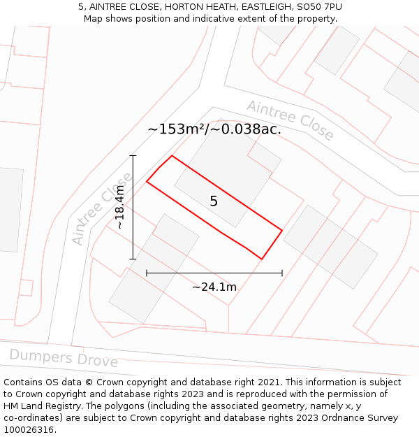 5, AINTREE CLOSE, HORTON HEATH, EASTLEIGH, SO50 7PU: Plot and title map