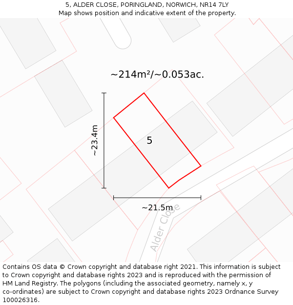 5, ALDER CLOSE, PORINGLAND, NORWICH, NR14 7LY: Plot and title map