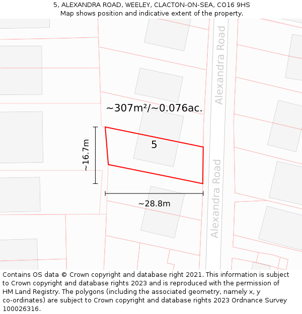 5, ALEXANDRA ROAD, WEELEY, CLACTON-ON-SEA, CO16 9HS: Plot and title map