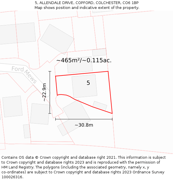 5, ALLENDALE DRIVE, COPFORD, COLCHESTER, CO6 1BP: Plot and title map