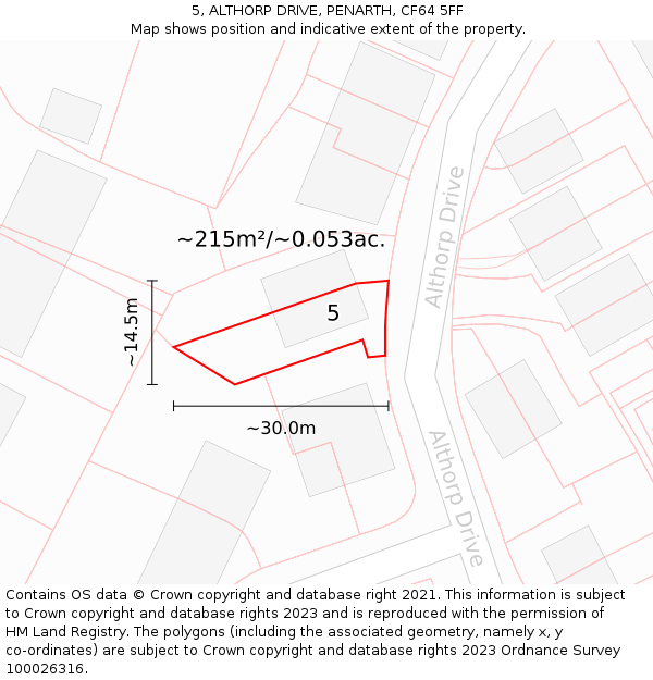 5, ALTHORP DRIVE, PENARTH, CF64 5FF: Plot and title map