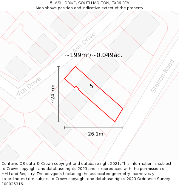 5, ASH DRIVE, SOUTH MOLTON, EX36 3FA: Plot and title map