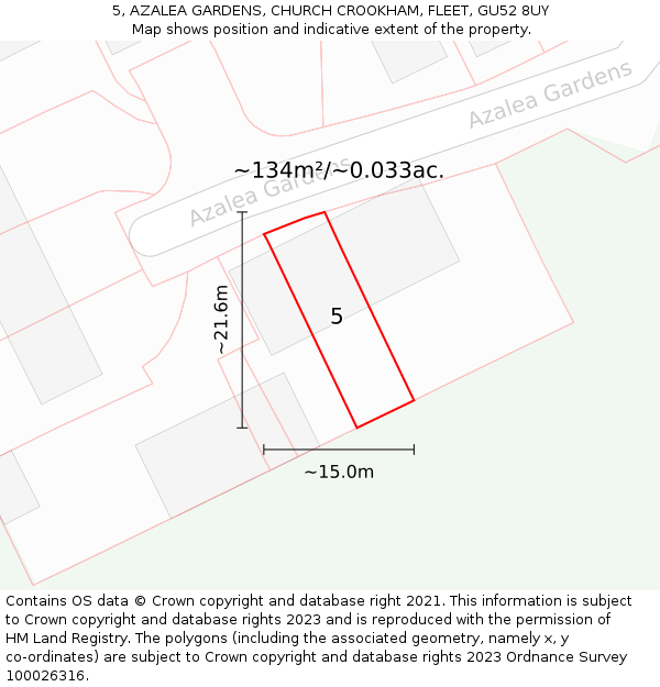 5, AZALEA GARDENS, CHURCH CROOKHAM, FLEET, GU52 8UY: Plot and title map