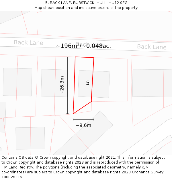 5, BACK LANE, BURSTWICK, HULL, HU12 9EG: Plot and title map