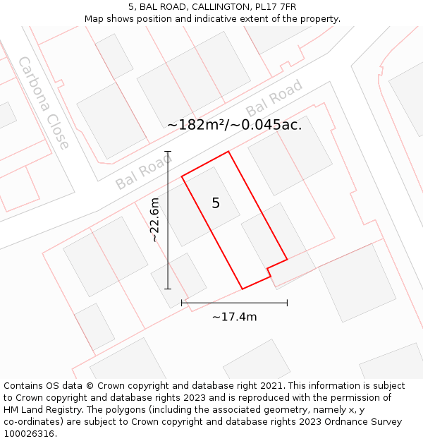 5, BAL ROAD, CALLINGTON, PL17 7FR: Plot and title map