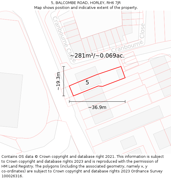 5, BALCOMBE ROAD, HORLEY, RH6 7JR: Plot and title map