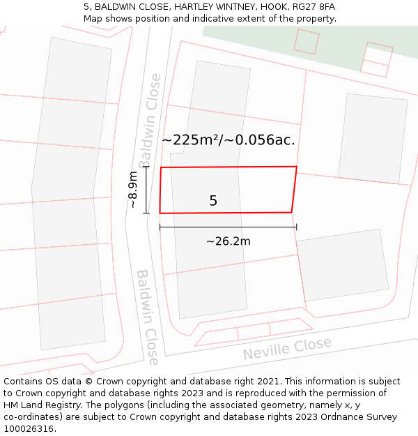 5, BALDWIN CLOSE, HARTLEY WINTNEY, HOOK, RG27 8FA: Plot and title map