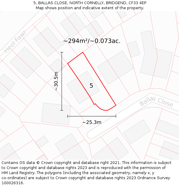 5, BALLAS CLOSE, NORTH CORNELLY, BRIDGEND, CF33 4EP: Plot and title map