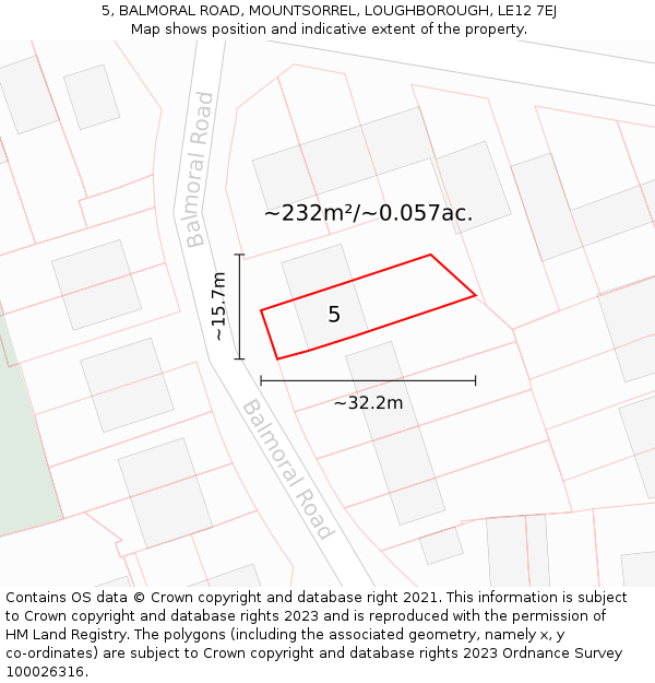 5, BALMORAL ROAD, MOUNTSORREL, LOUGHBOROUGH, LE12 7EJ: Plot and title map