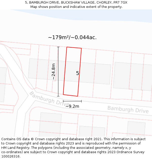 5, BAMBURGH DRIVE, BUCKSHAW VILLAGE, CHORLEY, PR7 7GX: Plot and title map