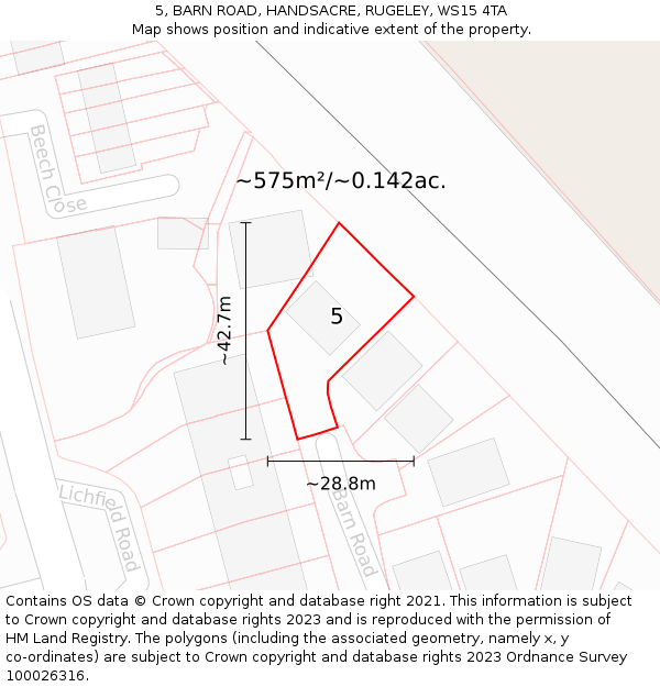 5, BARN ROAD, HANDSACRE, RUGELEY, WS15 4TA: Plot and title map