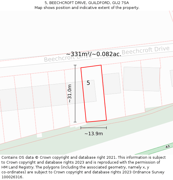 5, BEECHCROFT DRIVE, GUILDFORD, GU2 7SA: Plot and title map