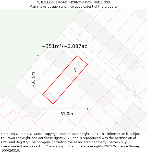 5, BELLEVUE ROAD, HORNCHURCH, RM11 3SS: Plot and title map