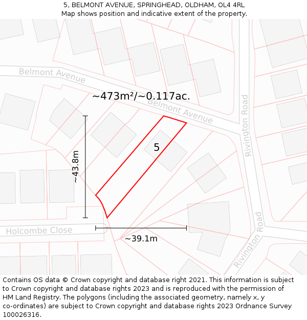 5, BELMONT AVENUE, SPRINGHEAD, OLDHAM, OL4 4RL: Plot and title map