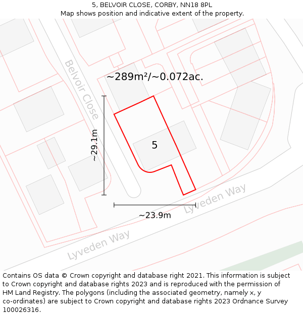 5, BELVOIR CLOSE, CORBY, NN18 8PL: Plot and title map