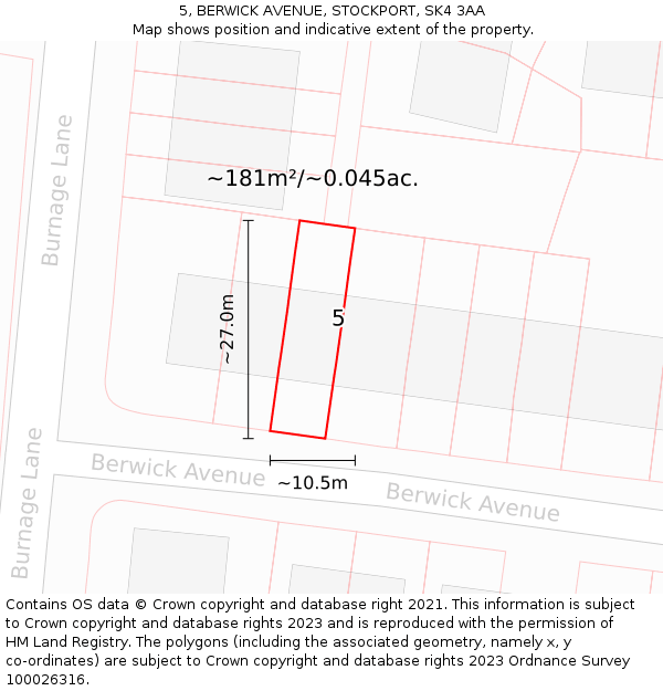 5, BERWICK AVENUE, STOCKPORT, SK4 3AA: Plot and title map