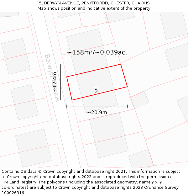 5, BERWYN AVENUE, PENYFFORDD, CHESTER, CH4 0HS: Plot and title map