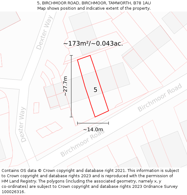 5, BIRCHMOOR ROAD, BIRCHMOOR, TAMWORTH, B78 1AU: Plot and title map