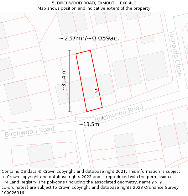 5, BIRCHWOOD ROAD, EXMOUTH, EX8 4LG: Plot and title map