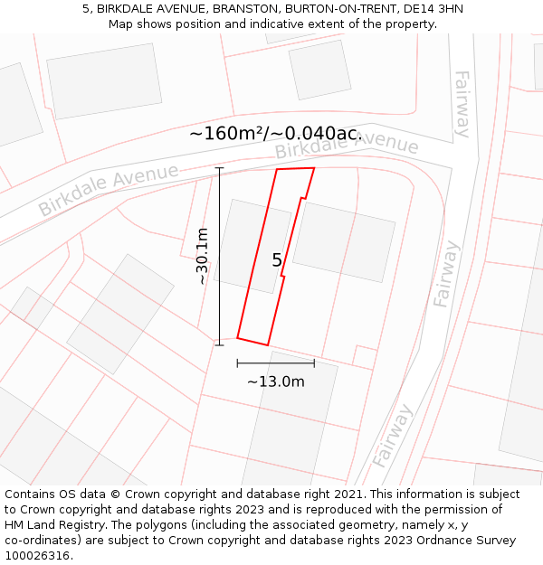 5, BIRKDALE AVENUE, BRANSTON, BURTON-ON-TRENT, DE14 3HN: Plot and title map