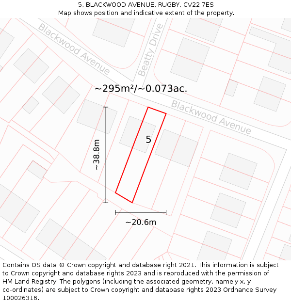 5, BLACKWOOD AVENUE, RUGBY, CV22 7ES: Plot and title map