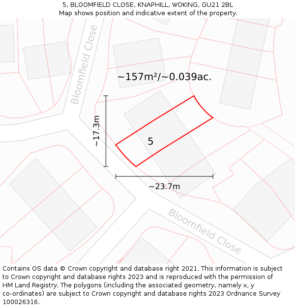 5, BLOOMFIELD CLOSE, KNAPHILL, WOKING, GU21 2BL: Plot and title map