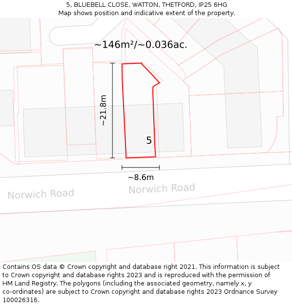 5, BLUEBELL CLOSE, WATTON, THETFORD, IP25 6HG: Plot and title map