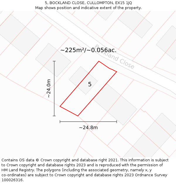 5, BOCKLAND CLOSE, CULLOMPTON, EX15 1JQ: Plot and title map