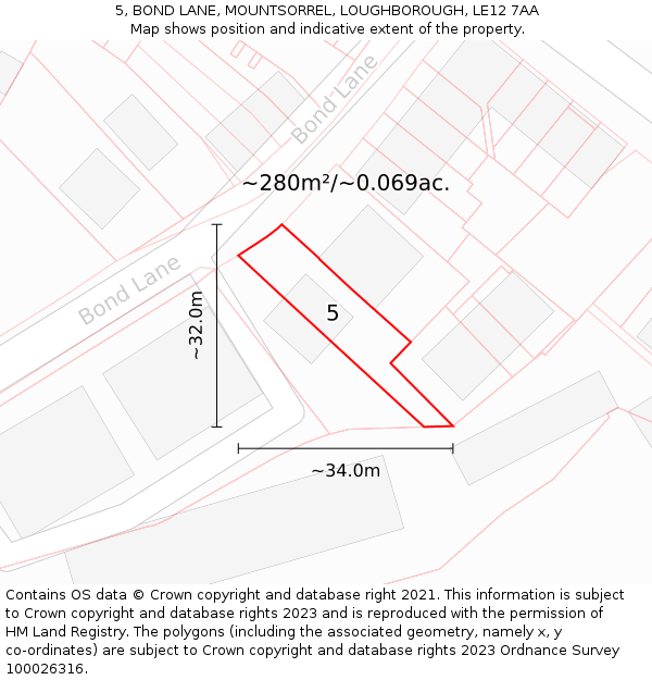 5, BOND LANE, MOUNTSORREL, LOUGHBOROUGH, LE12 7AA: Plot and title map