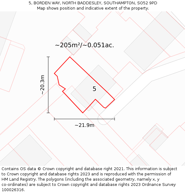 5, BORDEN WAY, NORTH BADDESLEY, SOUTHAMPTON, SO52 9PD: Plot and title map