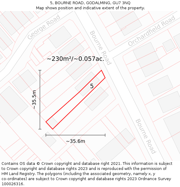 5, BOURNE ROAD, GODALMING, GU7 3NQ: Plot and title map