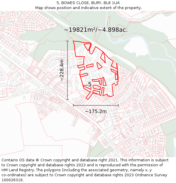 5, BOWES CLOSE, BURY, BL8 1UA: Plot and title map