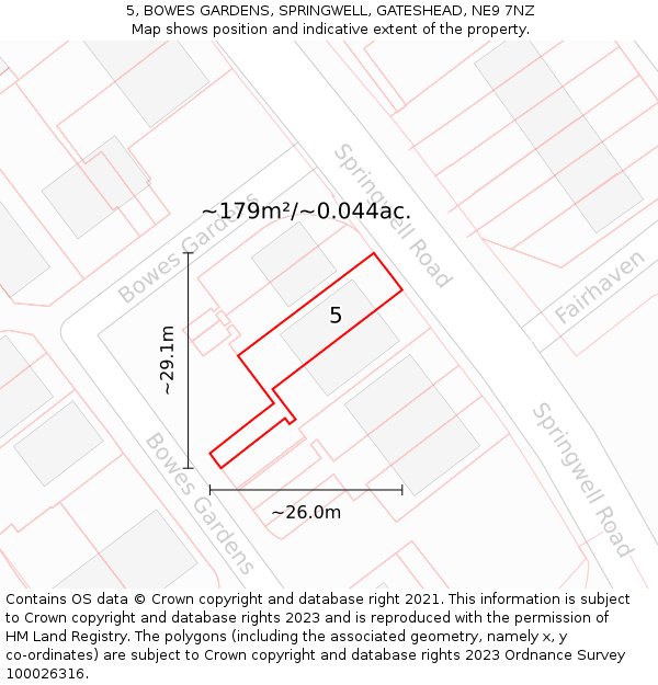 5, BOWES GARDENS, SPRINGWELL, GATESHEAD, NE9 7NZ: Plot and title map