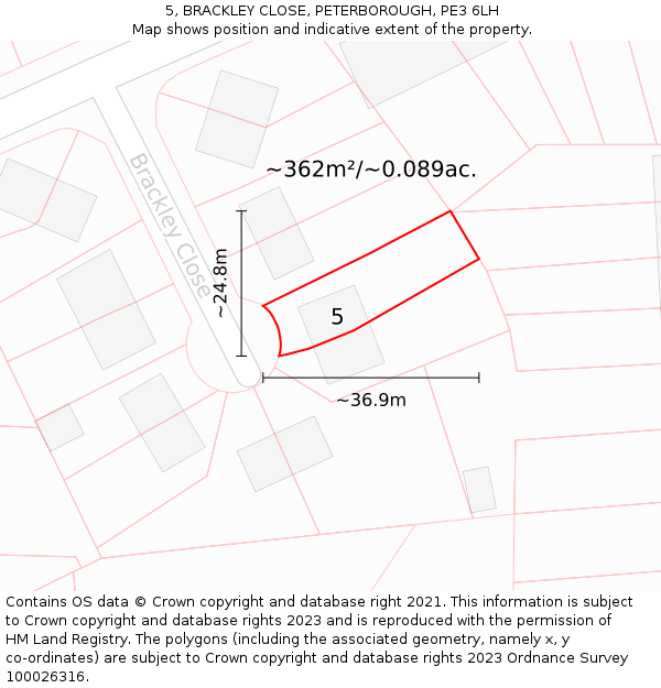 5, BRACKLEY CLOSE, PETERBOROUGH, PE3 6LH: Plot and title map