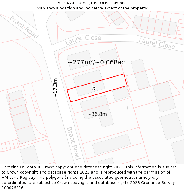 5, BRANT ROAD, LINCOLN, LN5 8RL: Plot and title map