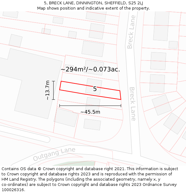 5, BRECK LANE, DINNINGTON, SHEFFIELD, S25 2LJ: Plot and title map