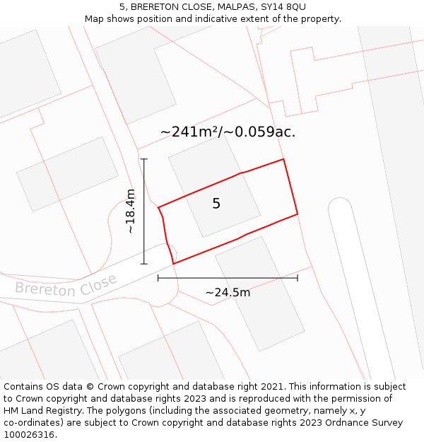 5, BRERETON CLOSE, MALPAS, SY14 8QU: Plot and title map